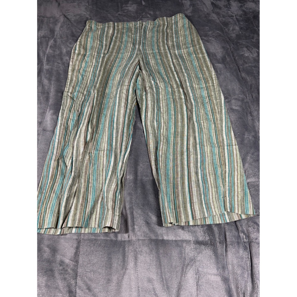French Laundry Womens Large 100% Linen Striped Wide Leg Cropped Pants Teal Green